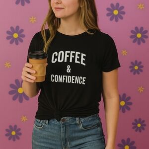 "Coffee & Confidence" Front Tie Old Navy Luxe Black Tee